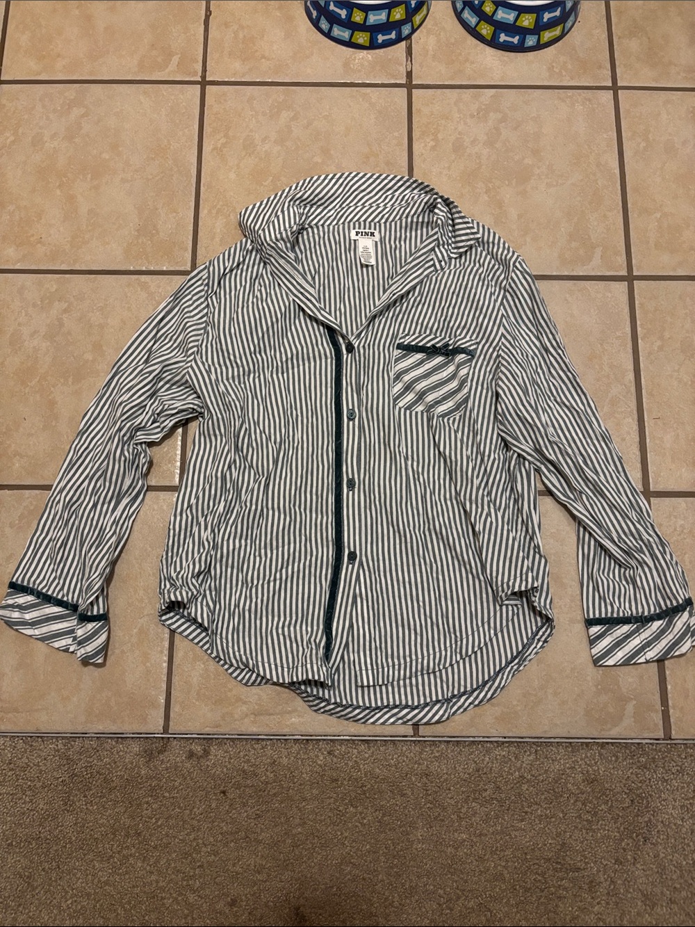 PINK Victoria's Secret women’s White and Dark Green Striped Button-Down Shirt